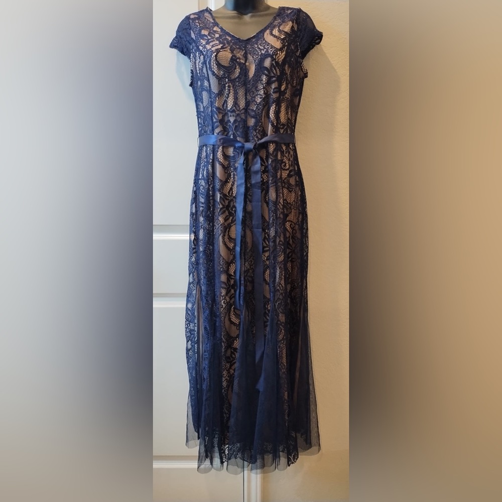 Cardalite Navy  Blue/ Tan Lace Maxi Dress* Sheer Lace Festive Dress